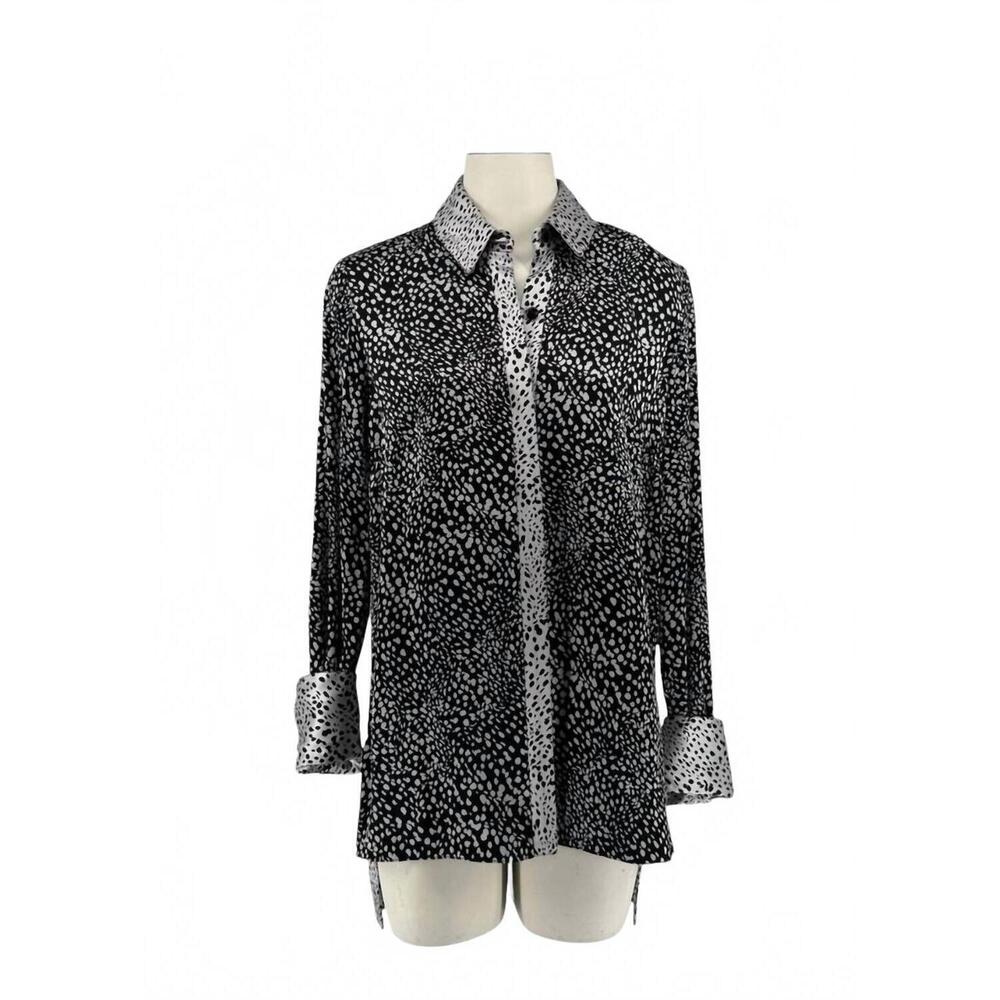 NEW MI JONG LEE women's speckle silk reversible tunic blouse in black /silver